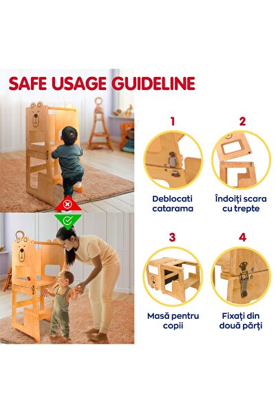 OEM Turn de invatare 4in1 pentru copii Bear, Pikler Learning Tower, Multifunctional, cu tabla de desen