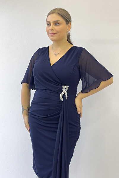 zks grup tekstil Women's Half Sleeve Stone Detailed Midi Length Plus Size Evening Dress Black, Plum, Purple, Navy Blue