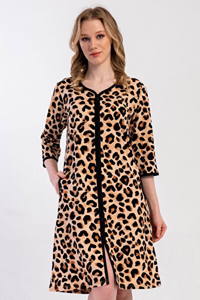 VİENETTA Rochie de acasă cu mâneci capri cu imprimeu leopard pentru femei C0T0N3305