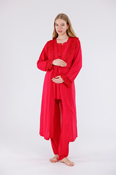 Yulem Homewear Cherry Sleeve and Collar Lace Long Sleeve Cotton Full Length Maternity Pajama Set with Dressing Gown 3-Piece Set