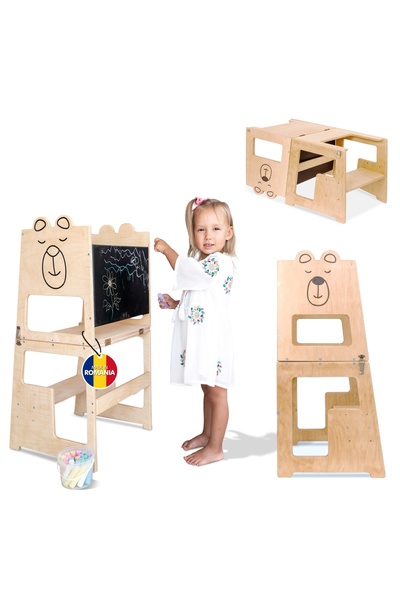 OEM Turn de invatare 4in1 pentru copii Bear, Pikler Learning Tower, Multifunctional, cu tabla de desen