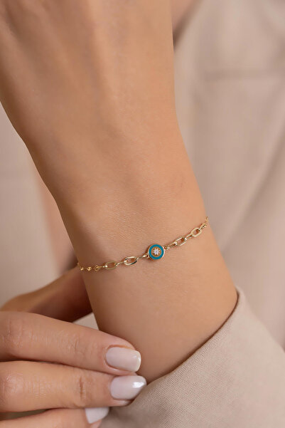 AMES GOLD KUYUMCULUK 14 Ayar Altın Modern Turkuaz Mineli Ataş Bileklik