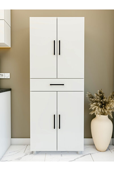 MONTENERO Çok Amaçlı Dolap Parlak Beyaz Dolap Çekmeceli 4 Kapaklı Dolap