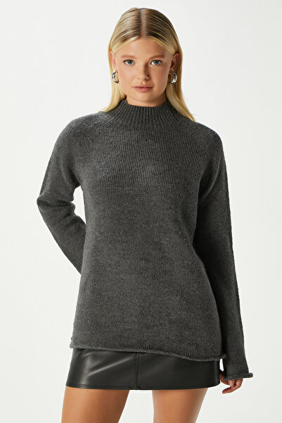Ritnice Women's Puffy Soft Textured Anthracite Knit Sweater