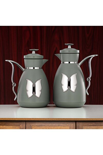 Radin Vacuum Flask Set Plastic Push Button 0.7 L + 1 L Green & Silver