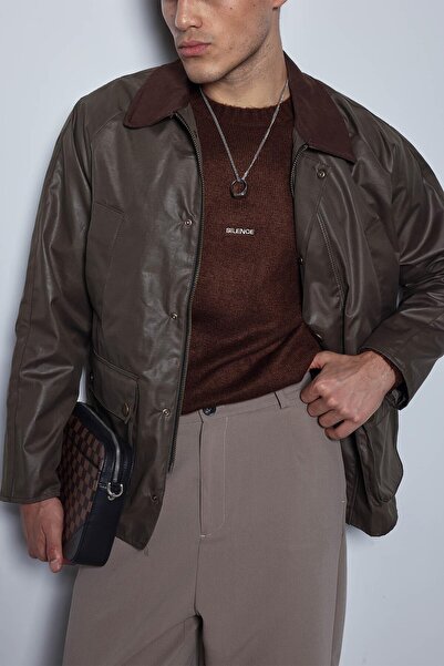 ablukaonline Men's Relax Fit Waxed Contrast Collar Jacket Brown