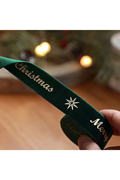 Flippy Christmas Decorative Ribbon, Velvet-look Fabric, Merry Christmas & Golden Deer, 200 x 2.5 cm,