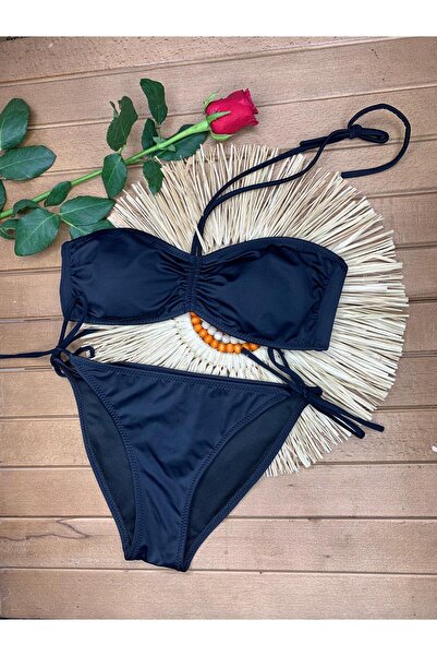 VAJESTO Kadın Siyah Likralı Esnek Boyundan Bağlamalı İpli Straplez Şık Kaliteli Büzgü Ayarlı Bikini Takım