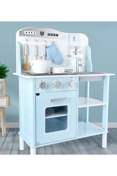 Generic مجموعة لعب دور المطبخ الخشبي الأزرق لمطبخ الأطفال