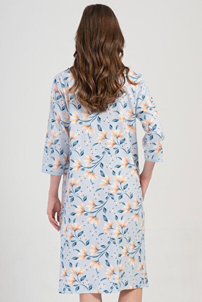 VİENETTA Women's Plus Size Blue Color V-Neck Capri Sleeve Zipper Pocket Casual Home Dress C3T9N1904