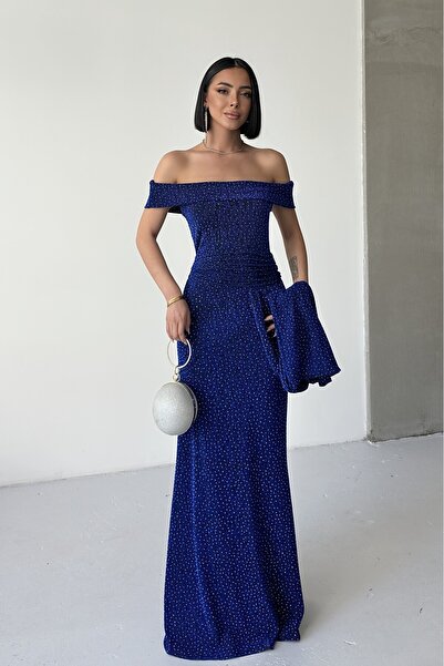 ALFUDO Moda Collection Rochie de seară albastră Saks, cu umeri căzuți și drap...