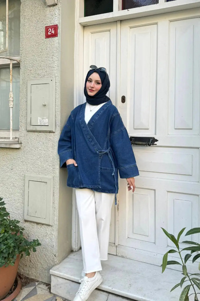 Giyim Gezegeni Kadın Yıkamalı Kot Kimono Yandan Bağlamalı Oversize Çift Cep Rahat Şık Günlük Tesettür Gömlek Ceket