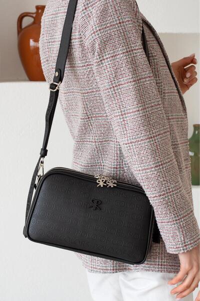 Çanta Trend 5 Compartment Black Embossed Faux Leather Crossbody Adjustable Strap Women's Shoulder Bag