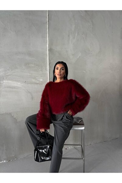 mafdress Pulover de blană scurtă guler rotund Burgundy pentru femei