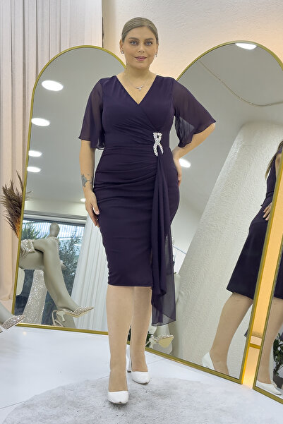 zks grup tekstil Women's Half Sleeve Stone Detailed Midi Length Plus Size Evening Dress Black, Plum, Purple, Navy Blue