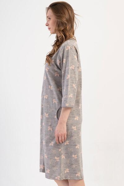 VİENETTA Women's Plus Size Gray Color V-Neck Capri Sleeve Zipper Pocket Casual Cut Home Dress C2T8N3804