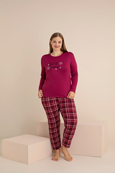 rindahomewear Women's Plus Size Milan Knitted Long Sleeve Embroidered Women's Pajama Set