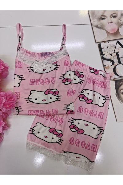Lila Hello Kitty Desenli Birinci Kalite Milan Kumaş Dantel Detaylı Şortlu Takım