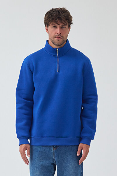 By Caspita Fashion Φούτερ Lenithra Basic Oversize Μπλε Unisex με μισό φερμουάρ και ψηλό λαιμό