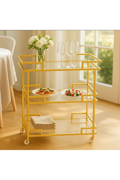 genric عربة تقديم معدنية حديثة بثلاث طبقات من FFD مع أرفف زجاجية شفافة بإطار بسمك 1.3 سم، 80 × 40 × 90 سم، لون ذهبي