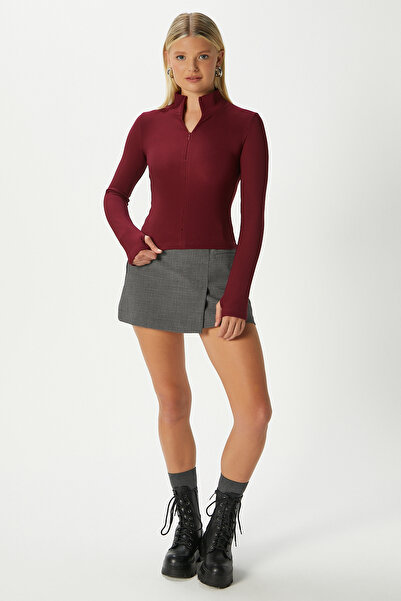 Ritnice Lithe Bodycon Half-Zip Ribbed Burgundy Blouse