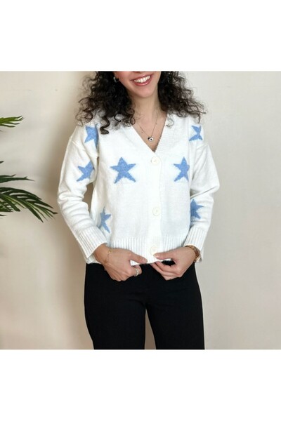 BELISTIL White Star Patterned V-Neck Knitwear Cardigan