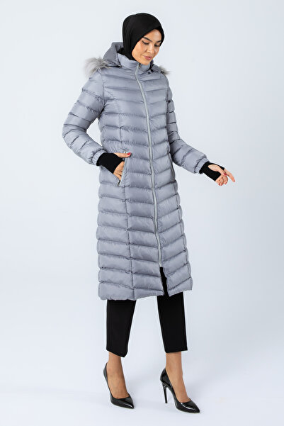 Space Fashion Women's Metallic Gray Long Puffer Jacket