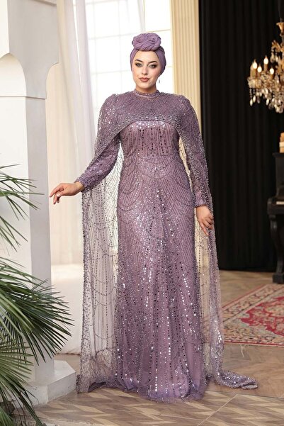 N.S NEVA STYLE - فستان سهرة إسلامي أرجواني مطرز بالخرز مع تفاصيل الكاب 52361LILA