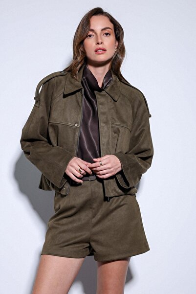 Antioch Khaki Suede Look Bomber Women's Coat