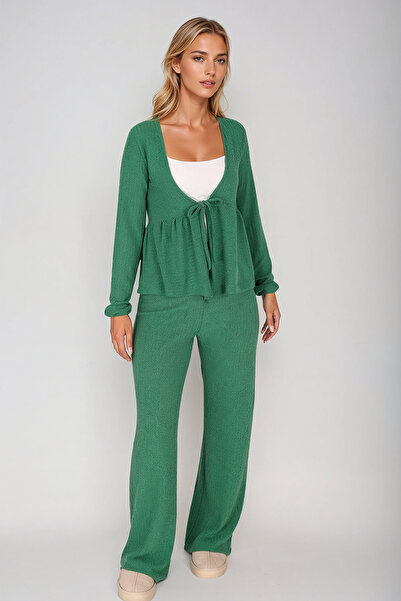 armonika Women's Green V-Neck Soft Textured Tie-Front Lycra Two-Piece Set with Pants Arm-26K001002