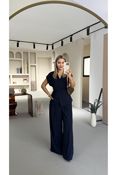 Sezgi Tekin Navy Blue Double Pleated Loose Pants Vest Set