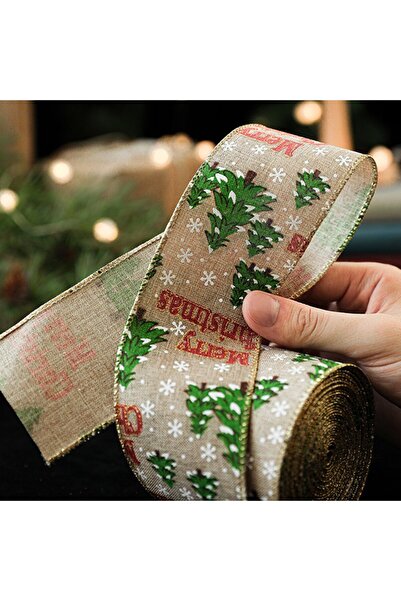 Flippy Christmas Ribbon, Merry Christmas Trees Print, 200 x 6.3 cm, Khaki/Green/Red