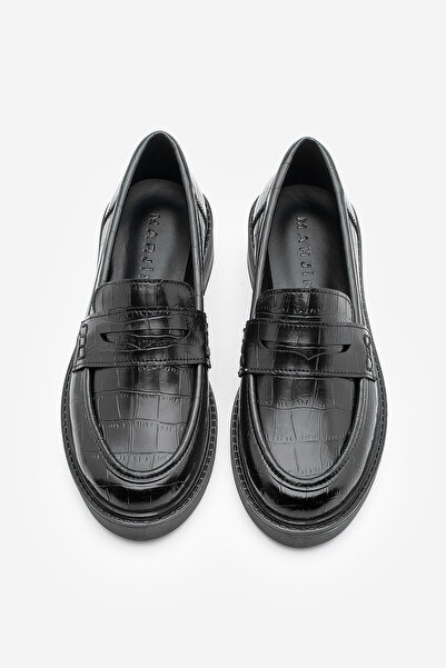 Marjin Kadın Loafer Günlük Klasik Ayakkabı Casual Makosen Fonle Siyah Croco
