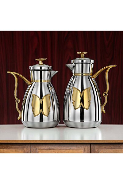 Radin Vacuum Flask Set Plastic Push Button 0.7 L + 1 L Silver & Gold