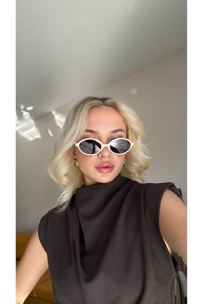 TomyHelf Krem Çerçeveli Gold Detaylı Siyah Camlı Retro Güneş Gözlüğü