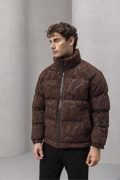 Valiberta Ανδρικό παλτό με ψηλό γιακά με έθνικ σχέδιο Harjo - Καφέ