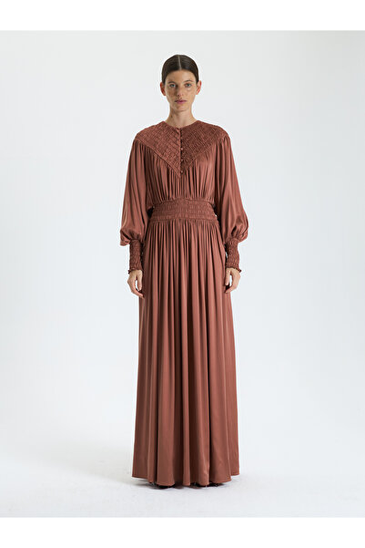 BAQA Tarçın Renk Büzgü Detaylı Elbise