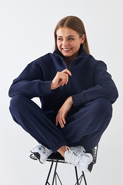 The Champ Clothing Unisex Oversize Tracksuit Set Basic Navy Blue – Zippered Stand Collar, Elasticated Legs, 3 Thread Raised Stitching