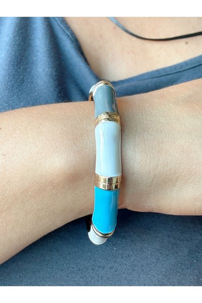 Gümüş sandık Colorful Enamel Detailed Bracelet – Blue, Black, Green, Fuchsia and White Gold Color Framed Design