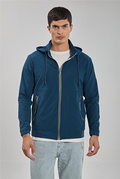 BARRELS AND OIL سترة رجالية بقلنسوة وسحاب - لون بترولي