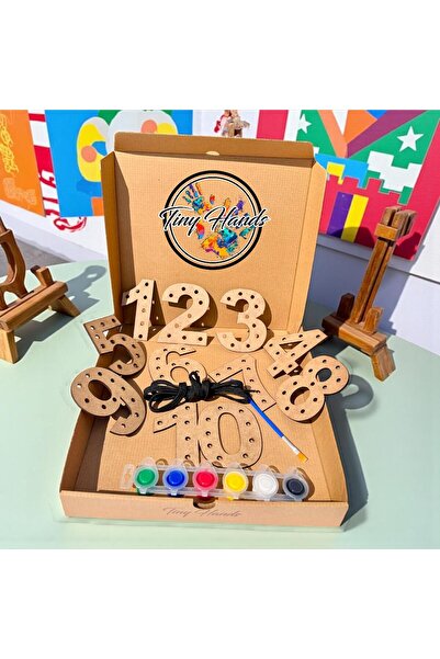 tiny hands Sayılar Ahşap Boyama Seti 1’den 10’a Kadar + 6'lı Akrilik Boya + Fırça + İp Sanat Hobi Seti