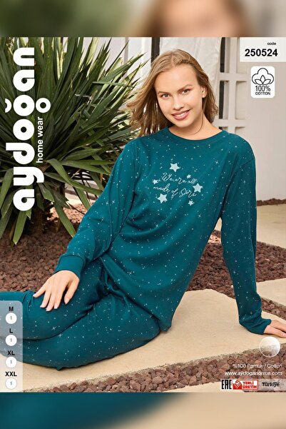 Aydoğan Women's Lavin Ribbed Cuffed Teal Color Cotton Pajama Set 0524