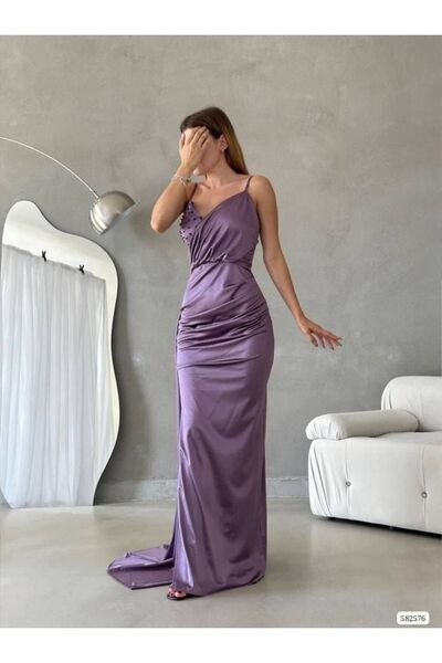 mafdress Kadın Mor Saten Askılı Kuyruk Ve İnci Detay Abiye Elbise