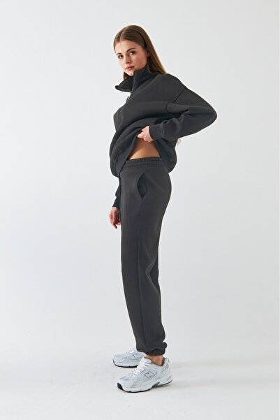 The Champ Clothing Unisex Oversize Σετ Φούτερ Basic Smoked – Σταντ γιακά με φερμουάρ, ελαστικό πόδι, 3-κλωνο φλις