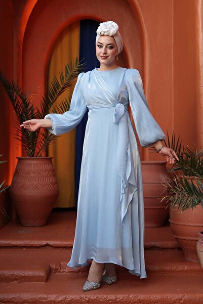 N.S NEVA STYLE Yandan Bağlamalı Bebek Mavisi Tesettür Abiye Elbise 62191BM