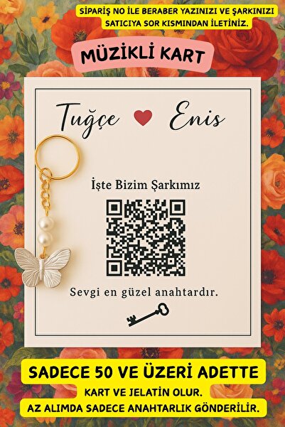 Emtory Home Kalpli Karekodlu Kart - 10 Adet Kelebek Anahtarlık - Kına Hediyes...