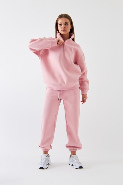 The Champ Clothing Unisex Oversize Eşofman Takımı Basic Pembe – Fermuarlı Dik Yaka, Lastikli Paça, 3 İplik Polar