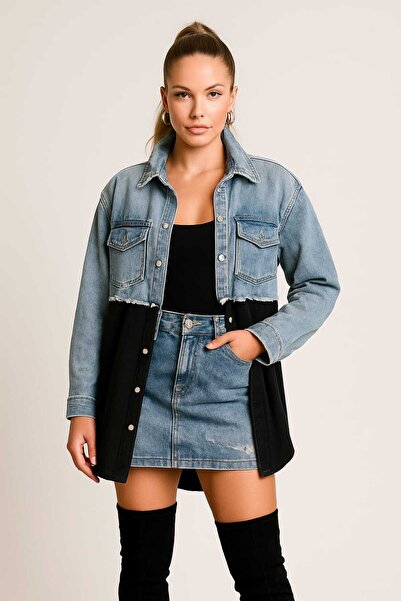 ChiBas Siyah Dokuma Parçalı Denim Gömlek