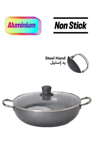 Badraig Non-Stick Granite Wok Pan With Glass Lid With Steel Handle Dark Grey 28 cm