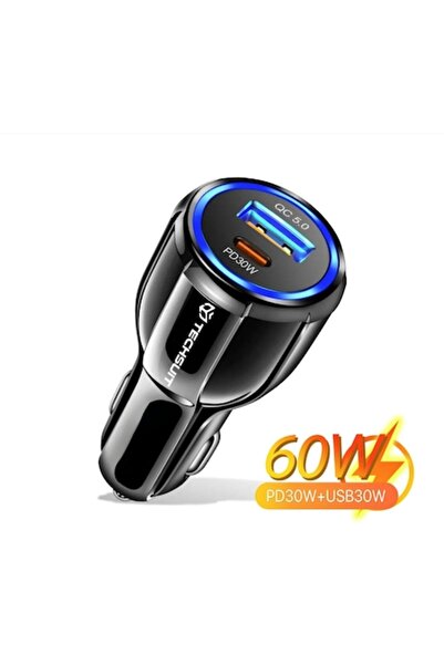 FİL Încărcător auto USB-A QC 5.0 30W, USB-C PD30W, D66, Policarbonat, Techsuit Premium Negru